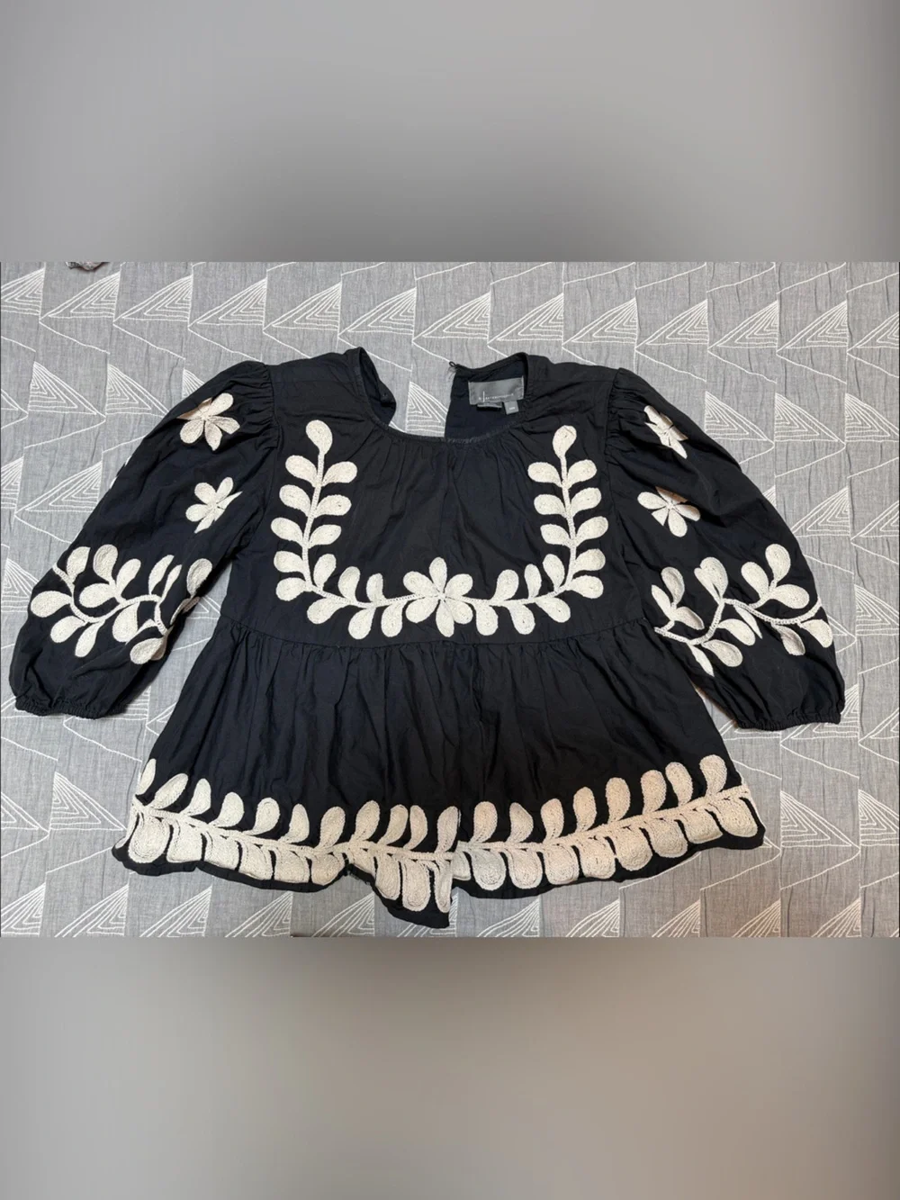 Black Blouse with Cream Floral Embroidery